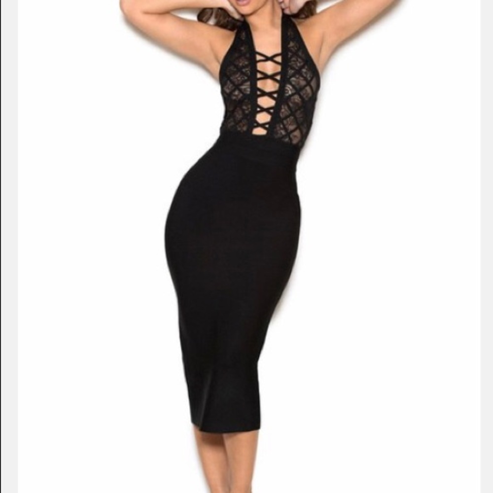 BLACK LACE HALTER BANDAGE DRESS